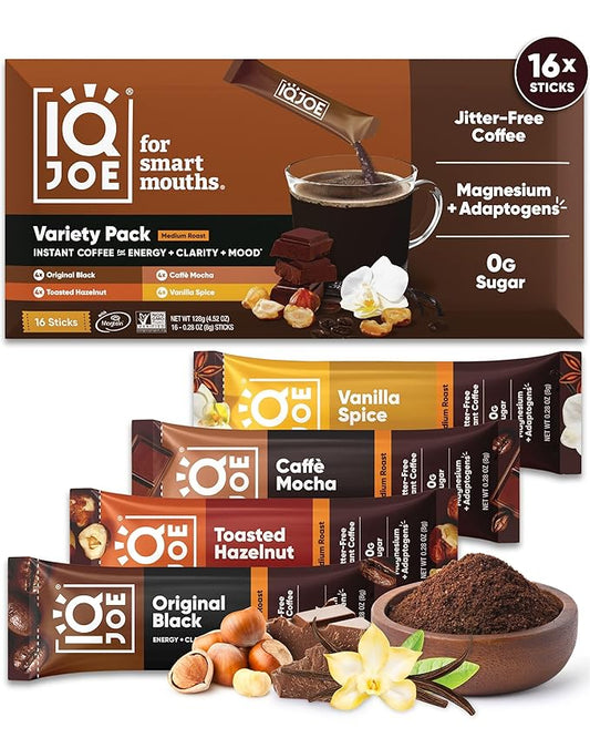 IQJOE Mushroom Instant Coffee - 4-in-1 Formula for Focus, Clarity, Mood, and Energy - Lion’s Mane, Magnesium L-Threonate, Antioxidants, Adaptogens, Sugar Free, Keto, Vegan - 16 Count Variety Pack