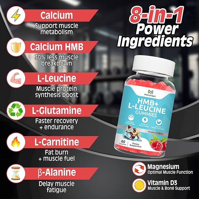HMB & L-Leucine Gummies 4000mg (60 Count) - Sugar Free, Vegan, Non-GMO, Gluten Free - Supports Muscle Growth, Recovery & Endurance for Men, Women & Elder - Raspberry Flavor