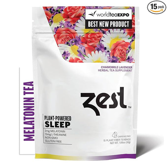 Zest Melatonin 2mg Herbal Sleep Tea - 15 Tea Bags - Chamomile Lavender Extra Strength Calming & Relaxing Bedtime Night Blend with L-Theanine