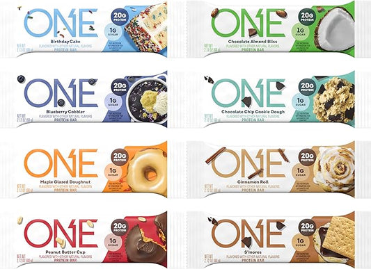 ONE Protein Bars, Sampler Variety Pack, Gluten Free with 20g Protein and 1g Sugar, Pantry Staples, 2.12 oz (8 Count)