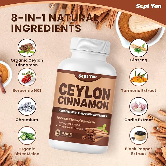 Ceylon Cinnamon Capsules 1200mg Cinnamon Bark Supplements with Chromium, Berberine HCL & Turmeric, Vegan, 120 Capsules, Energy, Metabolism, Heart & Immune Support