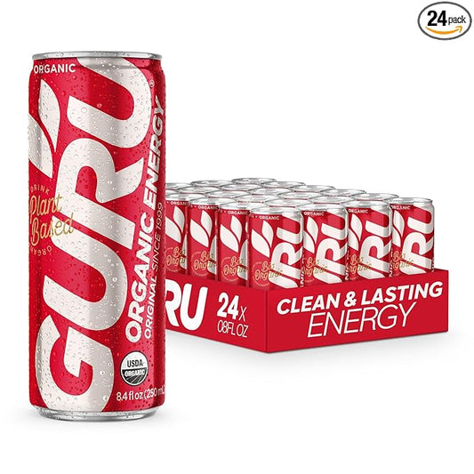 GURU Original Organic Energy Drinks, Clean Energy Drink with Plant Based Natural Caffeine from Green Tea, Gluten Free and Vegan, 100MG Caffeine, Healthy Drinks, 8.4oz (Pack of 24)
