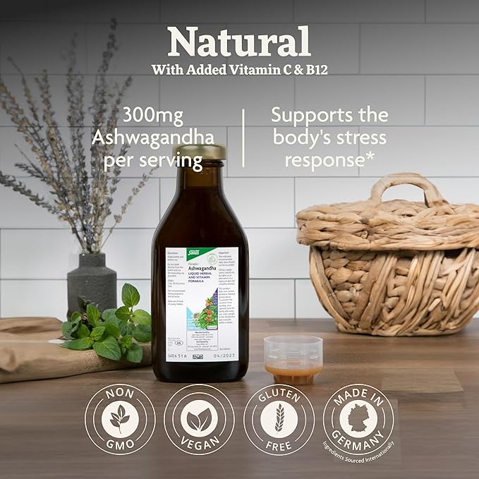 Floradix Ashwagandha Liquid Herbal & Vitamin Formula - Herbal Supplement with Ashwagandha Extract, Vitamin C, Vitamin B12 & More - Stress Support Formula* - Vegan & Non-GMO - 8.5 fl oz