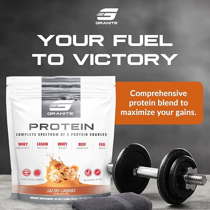 Granite Nutrition Protein Powder - Premium 5-Source Blend (Whey, Casein, Egg, Grass-Fed Beef) for Lean Muscle and Recovery - Salted Caramel Flavor, 30 Servings