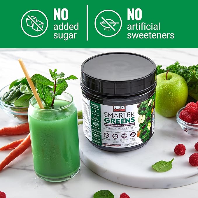 Force Factor Smarter Greens Superfoods Powder to Support Digestion, Gut Health, Bloating, Greens Powder with Probiotics, Prebiotics, Digestive Enzymes, & Adaptogens, Pomegranate Berry, 30 Servings