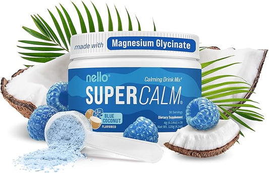 Supercalm Powdered Drink Mix, Blue Coconut, L Theanine, Ksm-66 Ashwagandha, Magnesium Glycinate, Vitamin D 3, Supplements for Relaxation & Focus, No Sugar, Non GMO, On The Go, 30 Srvgs