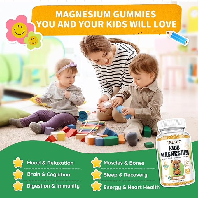 Kids Magnesium Glycinate Gummies, Magnesium for Kids & Adults, with Citrate, Zinc, Vitamin D3, B12, L-Theanine Supplement for Sleep Calm Bone & Muscle Mood, Pineapple 60ct
