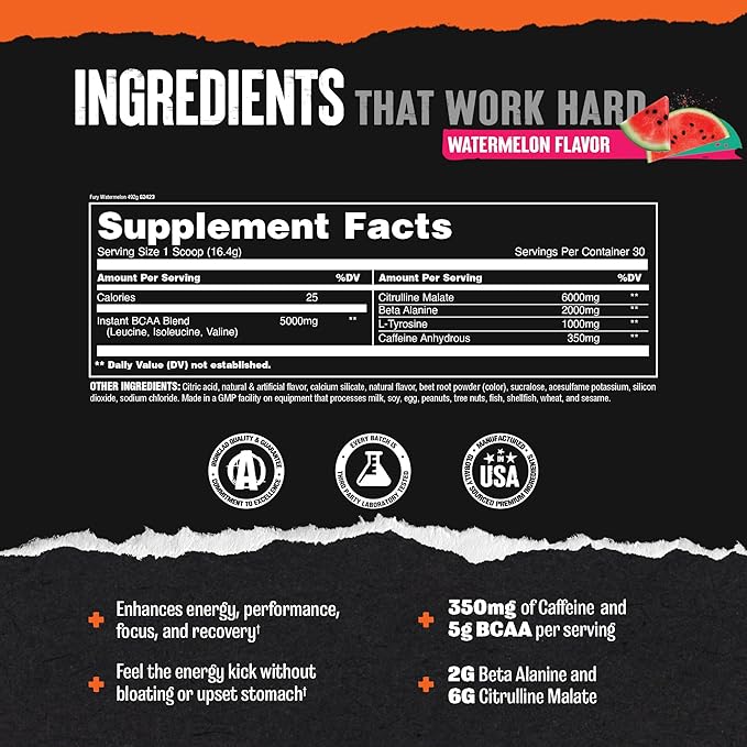 Animal Fury Pre Workout Powder Supplement for Energy and Focus 5g BCAA 350mg Caffeine Nitric Oxide Without Creatine Powerful Stimulant for Bodybuilders, Watermelon