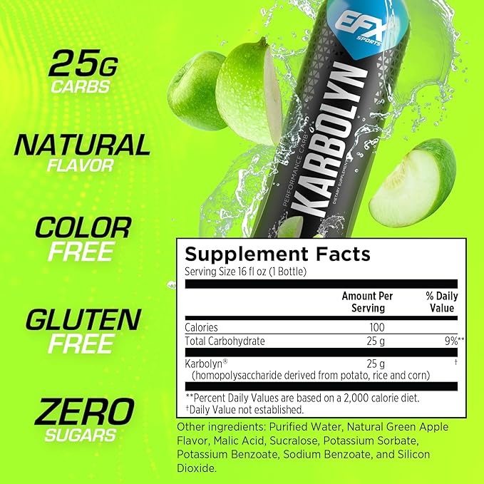 EFX Sports Karbolyn Fuel Drink | Pre, Intra, Post Workout Carbohydrate Drink | Carb Load, Sustained Energy | Stimulant & Sugar Free | 12 Pack (Green Apple)