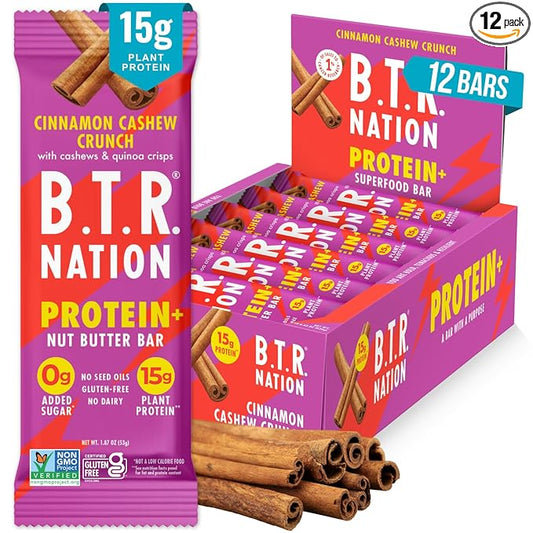 B.T.R. Nation Vegan Keto Plant Based High Protein & High Fiber Bars - Cinnamon Cashew Crunch Protein+ | 12 Bars | Low Carb & GF, Free of Sugar Alcohols, Dairy, Soy and with Powerful Superfoods!