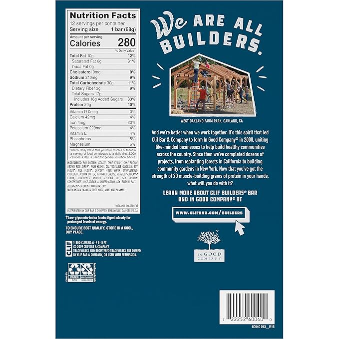 CLIF BUILDERS Protein Bars - Cookies 'n Cream Flavor - 20g Plant Based Protein - Gluten Free - Non-GMO - Low Glycemic - No Artificial Sweeteners - 2.4 oz. (12 Pack)