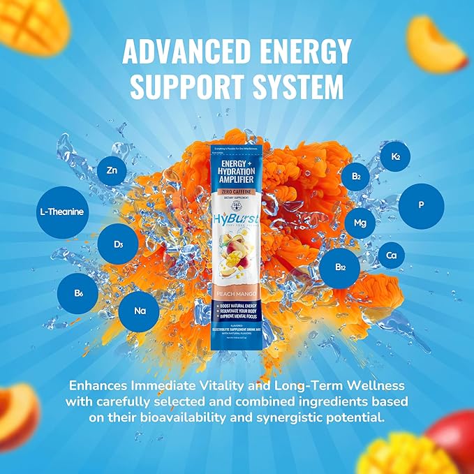 Hyburst Electrolytes Powder Packets with 13 Esstential Nutrients, Improve Energy, 100mg L-Theanine Nootropics, Non-GMO, Vegan, Gluten Free, Peach Mango Drink Mix, 15 Sticks