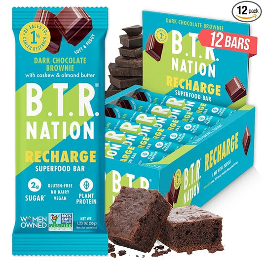 B.T.R Nation Keto Superfood Protein Bars, Plant Based Vegan - Brownie RECHARGE | 12 Bars | Low Carb and Gluten Free, Free of Sugar Alcohols and Boosted with Powerful Superfoods