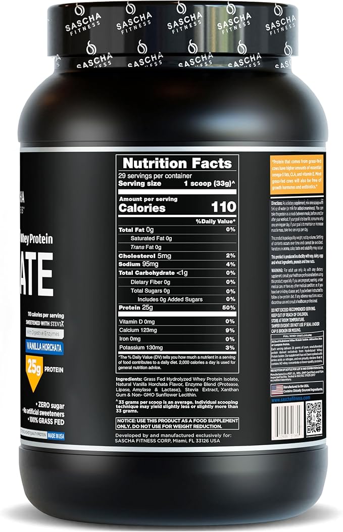 SASCHA FITNESS Hydrolyzed Whey Protein Isolate,100% Grass-Fed (2 Pounds, All) (Vanilla Horchata)