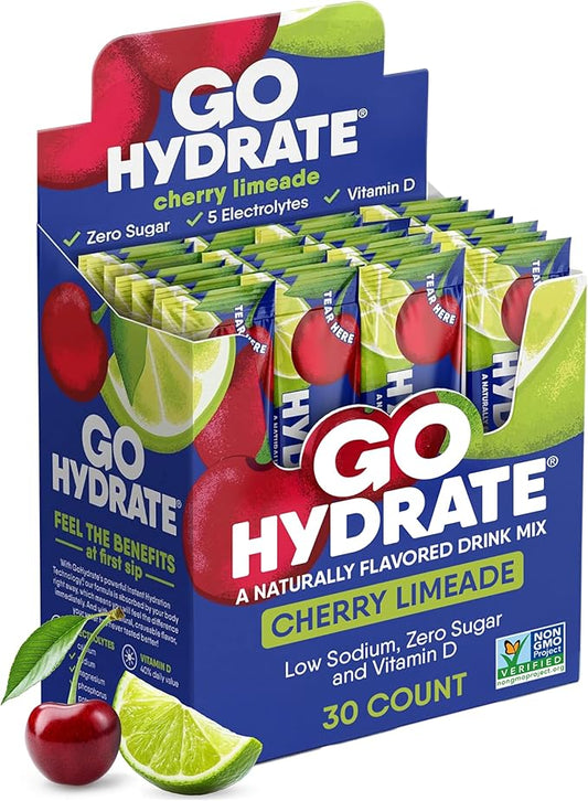 GoHydrate Instant Hydration Powder Packets - Low Sodium Electrolytes Drink Mix - Natural Hydration Support, Sugar Free Electrolyte Flavored Powder Drink with Vitamin D, 30 Packs, Cherry Limeade