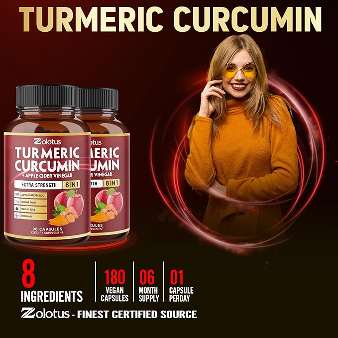 2packs 90 Capsules Turmeric Curcumin + Apple Cinder Vinegar Capsules, 6 Month Supply with Ashwagandha, Ginger, 95% Standardized Curcuminoids, Joint & Absorption Support
