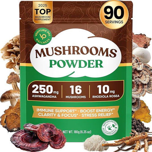 Venture Pal Mushroom Powder – 16 Mushroom Blend with Adaptogens for Coffee & Tea | Ashwagandha, Lion’s Mane, Rhodiola | 10:1 Extract from 100% Fruiting Bodies | 90 Servings