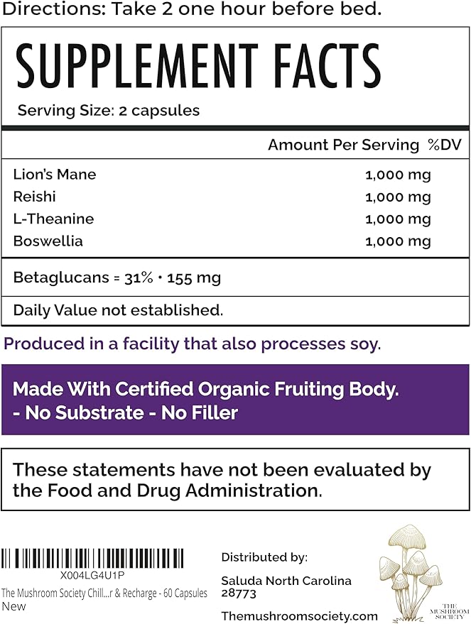 Chill Pill - Lion’s Mane, Reishi, L-Theanine & Boswellia Extract Blend - Mushrooms Supplement for Relax, Recover & Recharge - 60 Capsules
