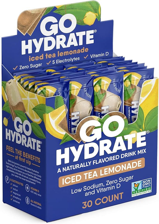 GoHydrate Instant Hydration Powder Packets- Low Sodium Electrolytes Drink Mix with 36mg Caffeine -Natural Hydration Support, Sugar Free Electrolyte Flavored with Vitamin D, 30 Packs, Iced Tea Lemonade