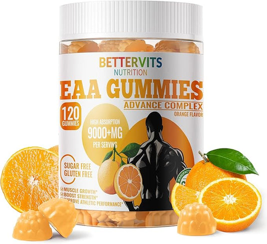 EAA Gummies 120 Gummies (Orange), 9000 mg Essential Amino Acids - All 9 Essential Aminos (EAA) and All Branched-Chain Aminos (BCAAs), Non-GMO, Gluten Free, Vegetarian Friendly