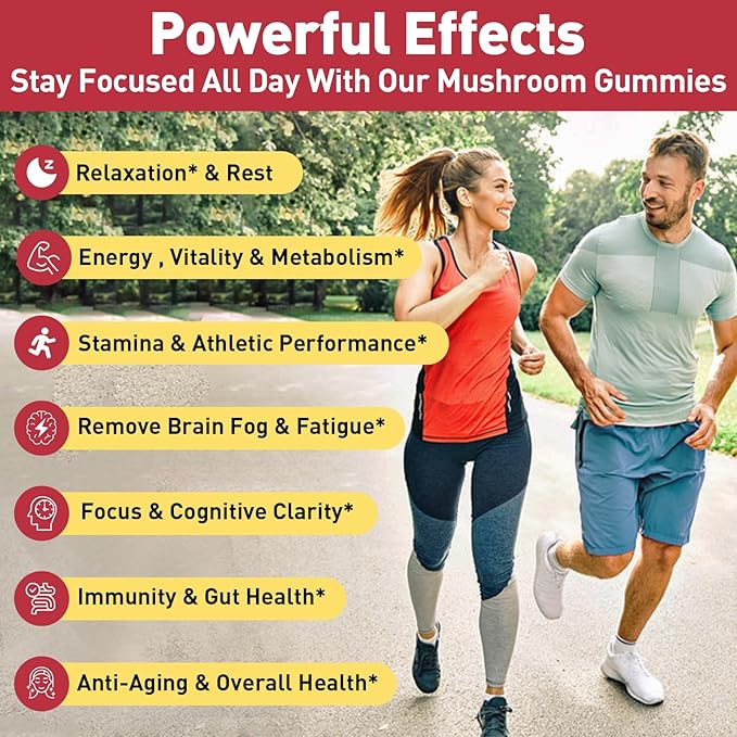 Mushroom Gummies, Cordyceps Reishi Mushroom Supplement Gummies for Adults with Green Tea Extract, Brain Supplements for Memory and Focus, Energy, Athletic Performance*, Rest - 60 Count
