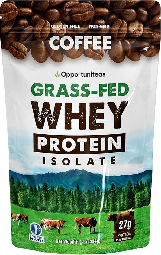 Opportuniteas Coffee Whey Protein Powder - Low Carb & Keto Friendly - Grass Fed Whey Isolate + Colombian Coffee - 60 mg Caffeine for Energy - Pre or Post Workout Drink Mix, Latte, Shake & Smoothie 1lb