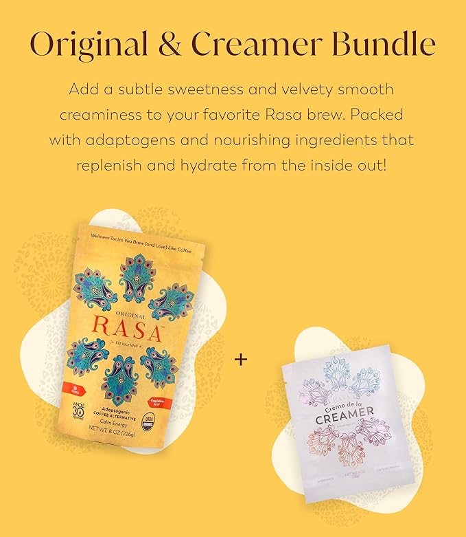 RASA Original Adaptogenic Coffee Alternative & Crème de la Creamer Bundle | Ayurveda Mushroom Wellness Tonic & Adaptogen Powdered Non-Dairy Creamer with MCT Oil — Vegan, Whole 30, Keto (30 Servings)