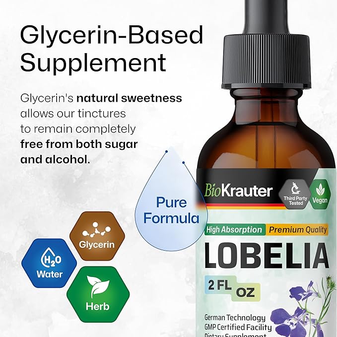 BIO KRAUTER Lobelia Tincture - Vegan Lobelia Extract - Alcohol & Sugar Free Respiratory Support Supplement - 2 Fl.Oz.