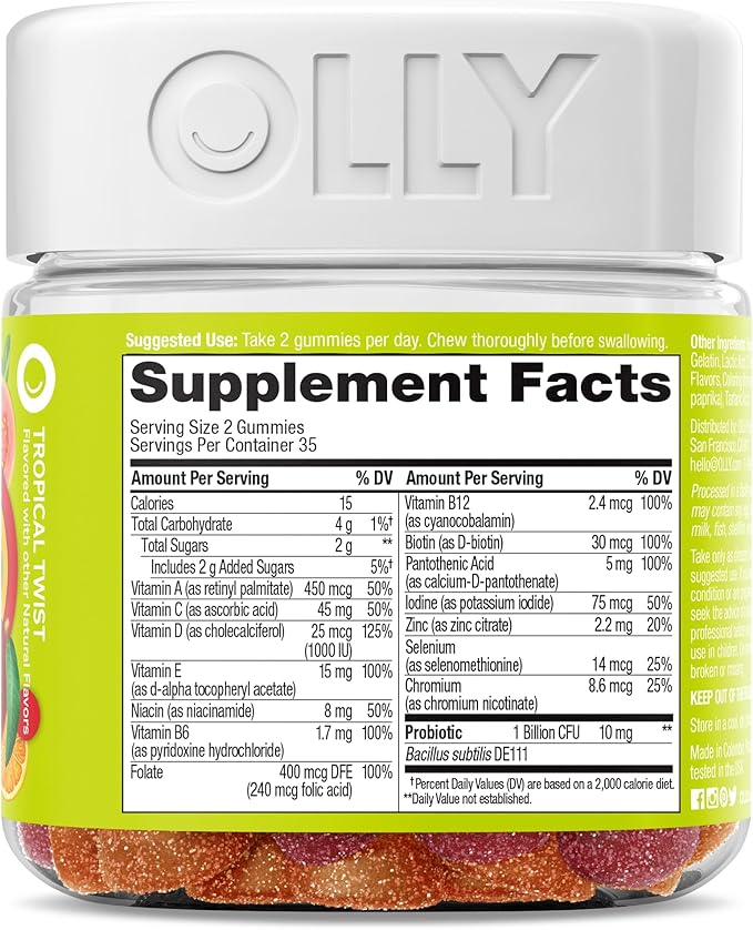 OLLY Multi + Probiotic Adult Multivitamin Gummy, 1 Billion CFUs, Digestive and Immune Support Chewable Supplement, Tropical Twist, 35 Day Supply - 70 Count