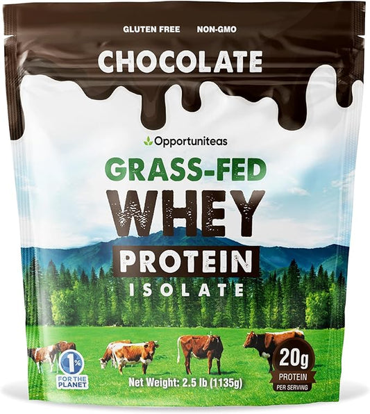 Opportuniteas Grass Fed Chocolate Whey Protein Isolate Powder - 20g Protein Powder Without Artificial Sweeteners, Hormone-Free Cows, Non GMO - 2.5lb