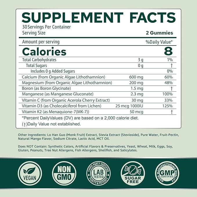 Calcium Gummies for Women, Sugar Free Calcium Supplement (Made in USA) with Vitamin D3 K2, C, Zinc, Boron, Sustainable Algae (3rd Party Tested) for Bone Strength, Calcium Absoption, Vegan, 60 Counts