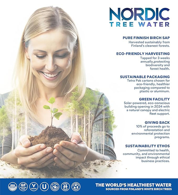 100% USDA Organic Birch Tree Sap – Electrolytes, Minerals, Prebiotics & Vitamins, Sustainable Product of Finland, BPA-Free Tetra Pak, Nature’s Perfect Hydration, Lower Calorie than Coconut Water