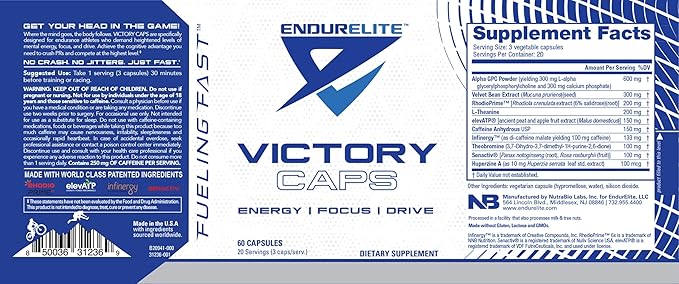 EndurElite Victory Caps - Pre Workout for Endurance & Strength, Crossfit and Cross Training, Caffeine and Nootropics - 60 Capsules