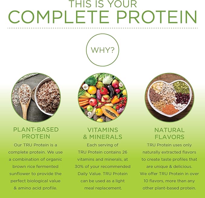 TRU Supplements Plant Based Protein Powder, BCAA, EAA, 20g Vegan Brown Rice & Pea Protein, 100 Calories, 27 Vitamins, No Artificial Flavors 25 Servings (Vanilla)