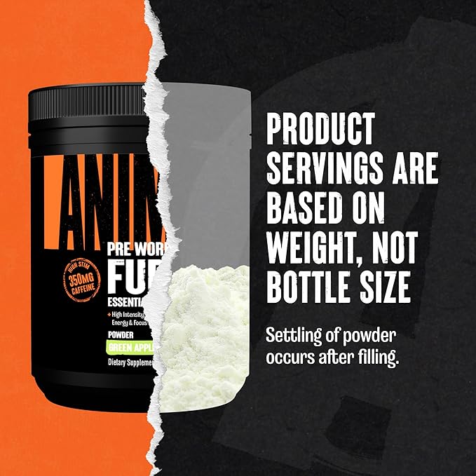 Animal Fury Pre Workout Powder Supplement for Energy and Focus 5g BCAA 350mg Caffeine Nitric Oxide Without Creatine Powerful Stimulant for Bodybuilders, Green Apple