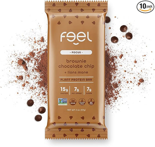 Feel Vegan Protein Bars | Brownie Chocolate Chip | Keto | Gluten Free | Organic | Lions Mane | 15g Plant Protein | Low Carb | High Protein | Dairy Free | Low Sugar | Grain Free | Nut Free | Soy Free | Non GMO - (Brownie Choco Chip, 10 Pack)