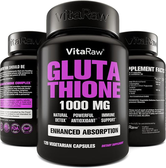 1000mg Glutathione for Immune Support - 100mg Absorption Complex - Reduced Liposomal Glutathione Supplement with Alpha Lipoic Acid - Brain Booster, Glowing Skin, Liver Support, 120 Vegetarian Capsules