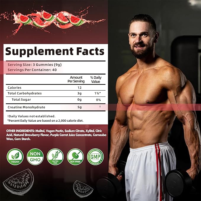 Creatine Monohydrate Gummies for Men & Women, Creatine Monohydrate for Muscle Strength, Muscle Builder, Energy Boost, Pre-Workout Supplement(120 Count)-Watermelon Flavor