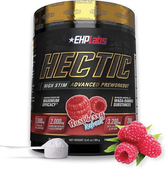EHP Labs Hectic PreWorkout - High Stim Advanced Pre Workout Powder for Max Performance - Caffeine, Beta Alanine, Coconut Water - Energy, Pump, Recovery & Hydration - 40 Serves (Raspberry Refresh)