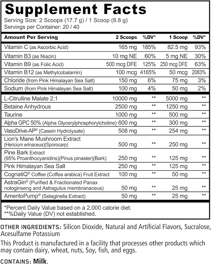 Panda Supps Pump, Pre-Workout, No-Clump Formula w/10G L-Citrulline Malate, Alpha GPC, Lions Mane,CognatiQ™, VasoDrive-AP® 40 Scoops (BlackBerry Lime)