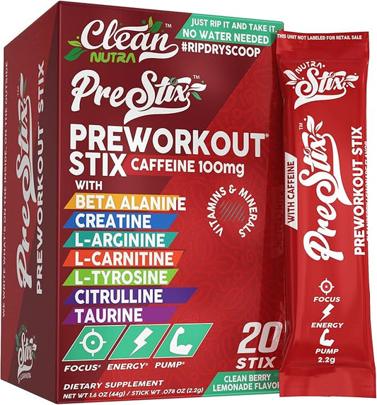 Clean Nutraceuticals Pre Workout Powder Stix - Creatine Monohydrate, Beta Alanine, L-Citrulline, Caffeine, L-Tyrosine, L-Carnitine – PreWorkout with Electrolytes – Energy Drink Alternative – 20 Count