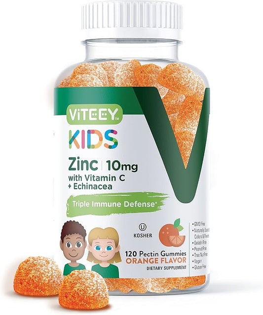 Zinc for Kids Gummies 10mg, with Vitamin C & Echinacea - Immune Support, Powerful Natural Antioxidant, Kids Zinc Vitamin Supplement - Vegan, Gelatin Free - Tasty Chewable Orange Flavor Gummy