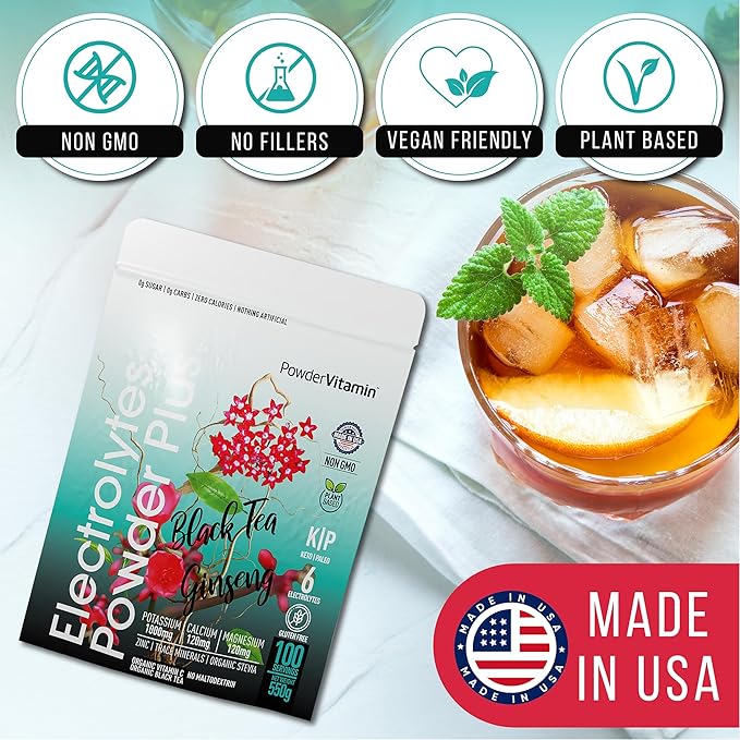 Electrolytes Powder Plus (100 Servings) Black Tea Ginseng Electrolyte Powder Keto, Sugar Free, Pink Himalayan Salt,1000mg Potassium,120mg Calcium,120mg Magnesium, Hydration Powder
