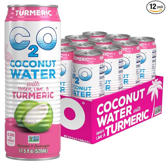 C2O - Coconut Water with Ginger, Lime, & Turmeric (12 Pack) - Made with Fresh Coconut Water - Plant Based - Non GMO - Canned Water - Natural Hydration, Electrolytes, & Potassium - 12 Cans, 17.5 FL OZ