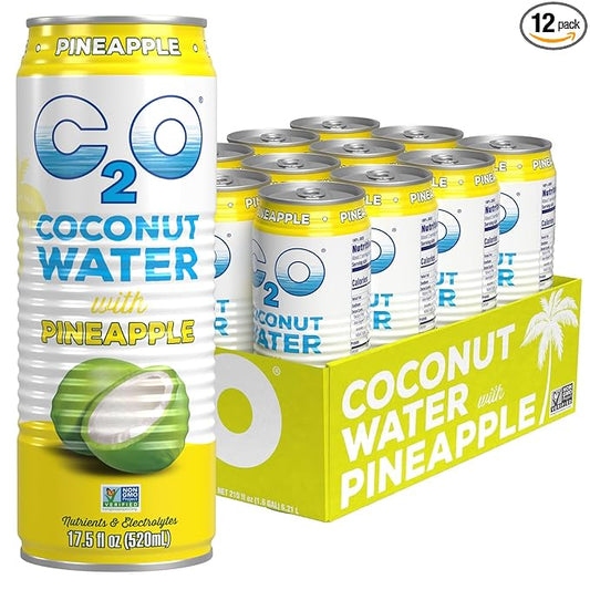 C2O - Coconut Water with Pineapple (12 Pack) - Made with Fresh Coconut Water - Plant Based - Non GMO - Canned Water - Natural Hydration, Essential Electrolytes, & Potassium - 12 Cans, 17.5 FL OZ