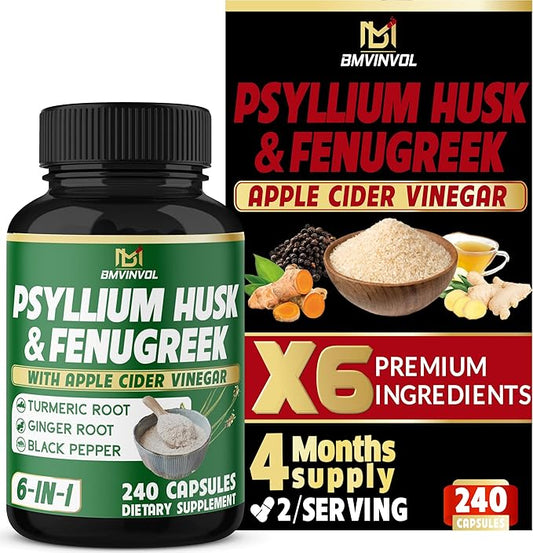 BMVINVOL 6in1 Psyllium Husk, Fenugreek, Apple Cider Vinegar, Turmeric, Ginger, Black Pepper - Soluble Fiber for Supports Digestive Health & Regularity- 240 Capsules [4-Month Supply]