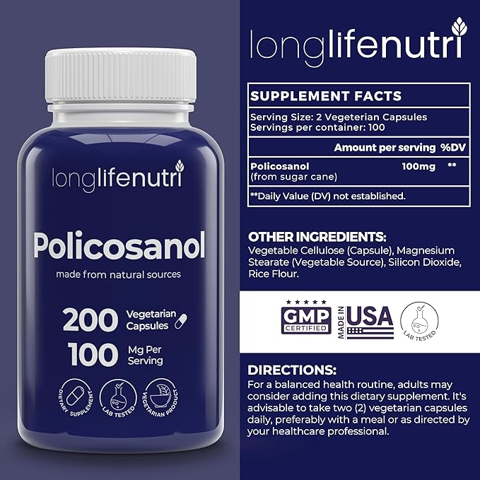 Policosanol 100mg - 200 Vegetarian Capsules, Natural Sugar Cane Supplement for Balanced Cholesterol, 3-Month Supply, Non-GMO, Lab Tested, Made in USA