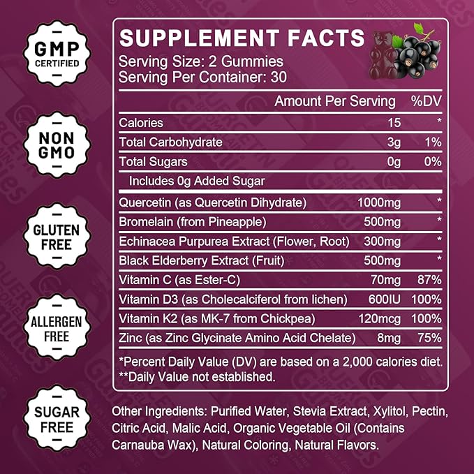 Quercetin Gummies with Bromelain 2378mg - Blend with Elderberry, Echinacea Purpurea Extract, Zinc, Vitamin C,D3,K2, Complex Supports Immune, Cardiovascular & Respiratory, Vegan Gummy for Adult & Kid