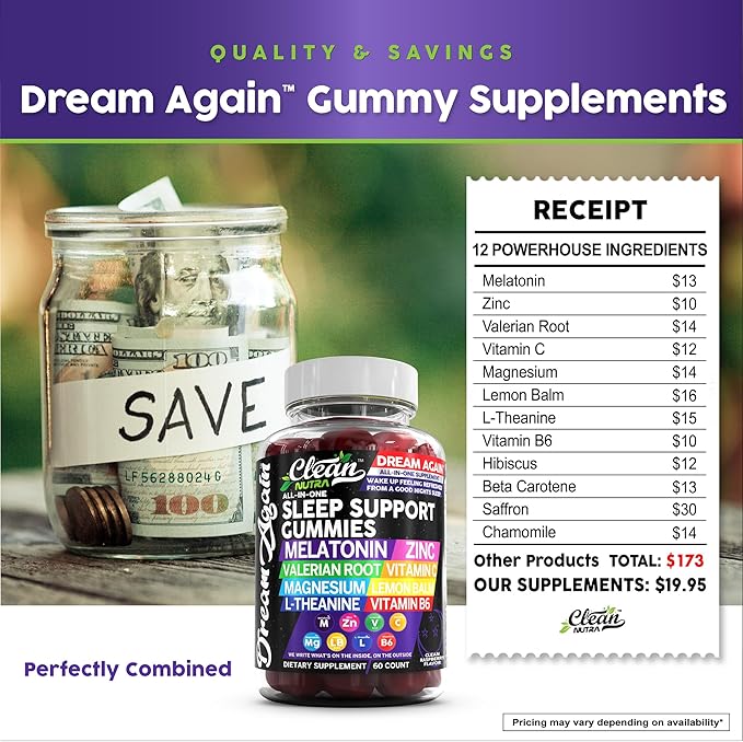 Clean Nutra Melatonin Gummies 10mg | Sleep Aid Valerian Root L-Theanine Vitamin B6 C Lemon Balm Magnesium Hibiscus Beta Carotene Saffron & Chamomile Rest Support Supplement Raspberry Flavor