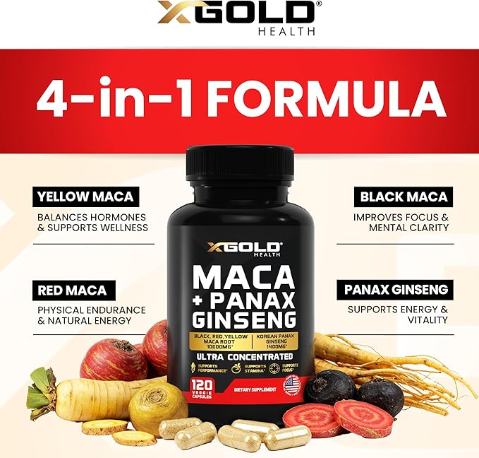 Maca Root Capsules 10,000mg + Korean Panax Ginseng 1,400mg - 20x Concentrated Extract Black + Red + Yellow Maca Root, 10x Concentrated Extract Panax Ginseng Capsules - Ultra Potent & Highly Purified